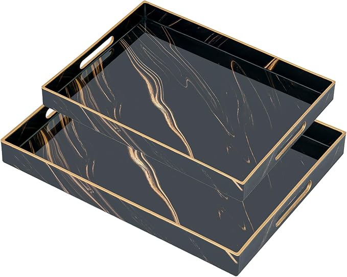 Set of 2 Serving Tray,Plastic Marble Coffee Table Tray 18.9"x13.7"x1.6"/15.7"x11.8"x1.6" Food Trays for Eating on Lap Coffee Tray with Handles Rectangular Decorative Trays,Tea Trays for Serving
