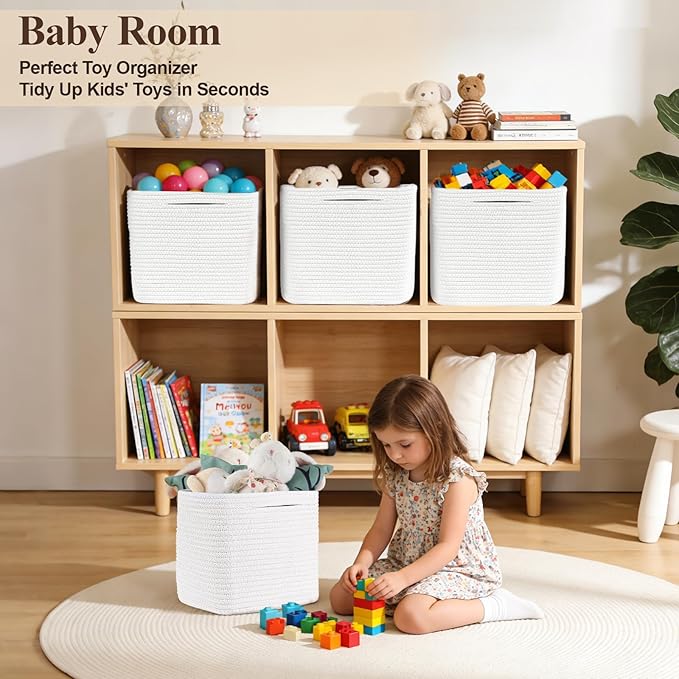Storage Cubes 11 Inch Storage Baskets for Shelves, Cotton Rope Woven Baskets for Organizing, Cube Storage Square Bins for Toy, Playroom Decor, Classroom, Closet, White, 1pack