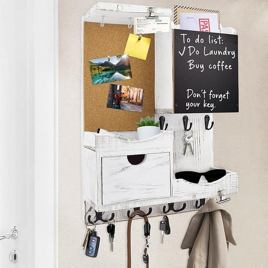 Key Holder Wall Mount， Mail Organizer Key Holder for Wall with Shelf, Drawer, Chalkboard, Corkboard, Home Decor Wall Mounted for Room Entryway(Whitewashed)