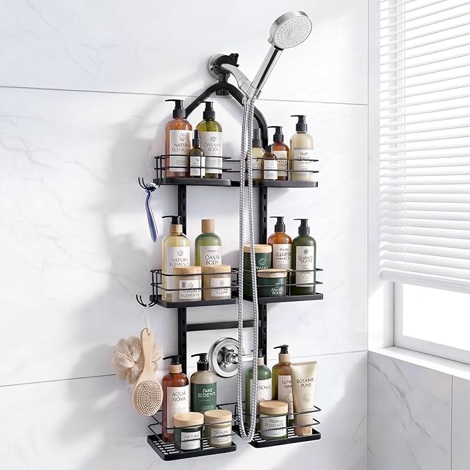 Adjustable Hanging Shower Caddy for Handheld Showerhead, 3-Tier Rustproof Shower Rack Baskets, Anti-Swing Hanging Shower Organizer for Bathroom Storage with 2 S-Hooks, Large Capacity, Black