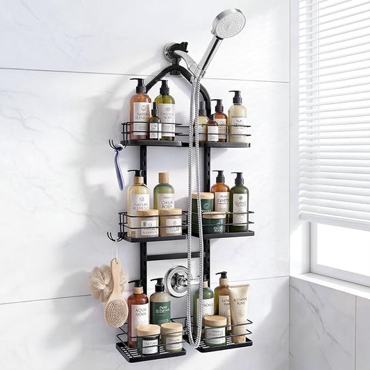 Adjustable Hanging Shower Caddy for Handheld Showerhead, 3-Tier Rustproof Shower Rack Baskets, Anti-Swing Hanging Shower Organizer for Bathroom Storage with 2 S-Hooks, Large Capacity, Black