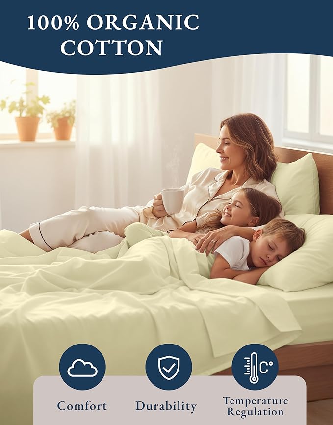 LANE LINEN , Eco Friendly 100% Organic Cotton Sheets Queen Size Bed Set, Soft & Comfy Fully Elasticized Percale Sheets, Fade Resistant Low Pill 15" Deep Pocket Queen Sheet Set – Vanilla