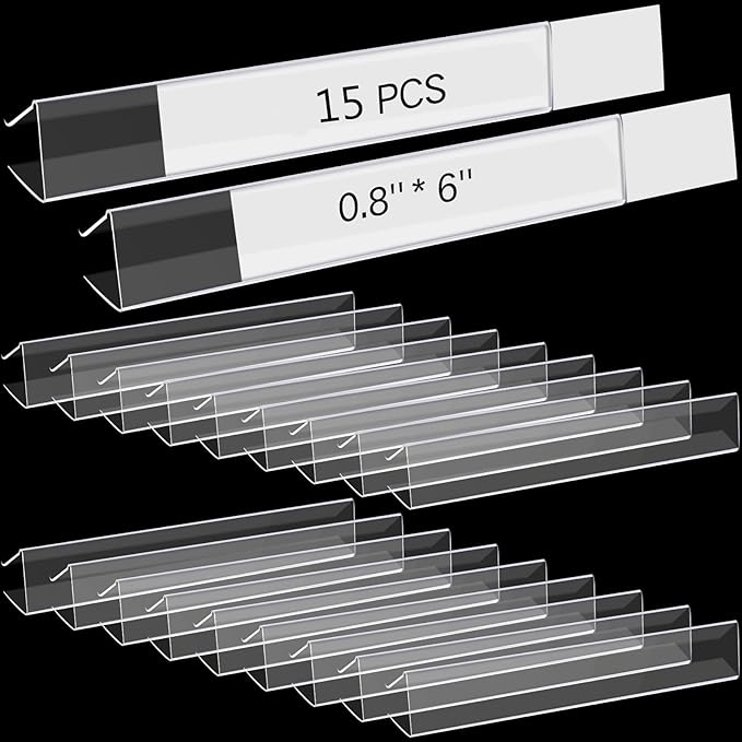 Teling 15 Pieces Shelf Label Holder, Clear Plastic 0.875'' x 6'' Shelves Clip Wood Tags Ticket Sign Label Metal Holders for 0.75'' Thick Shelves Includes Matched Blank Inserts Offices Libraries