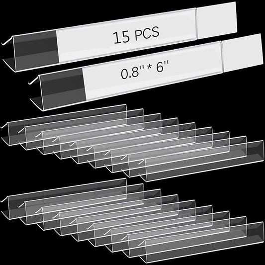 Teling 15 Pieces Shelf Label Holder, Clear Plastic 0.875'' x 6'' Shelves Clip Wood Tags Ticket Sign Label Metal Holders for 0.75'' Thick Shelves Includes Matched Blank Inserts Offices Libraries