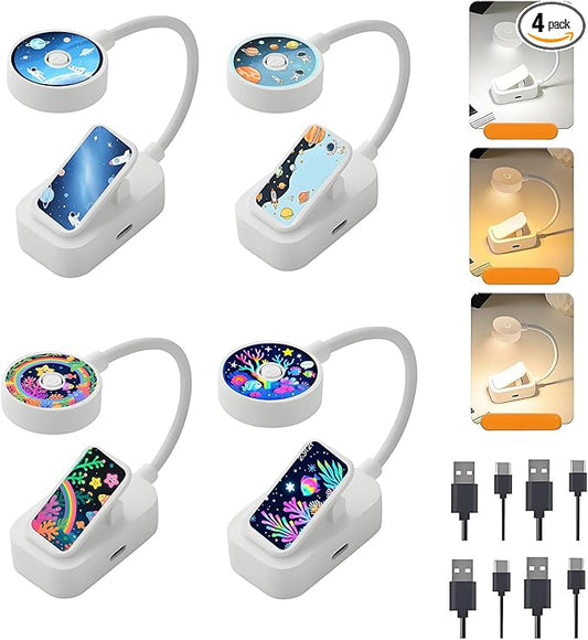 4 Pack Rechargeable Book Lights Bulk for Reading in Bed,3 Color,Adjustable Brightness,Clip on to Book Lights for Reading at Night (Multi-Colored, 4 Pack)