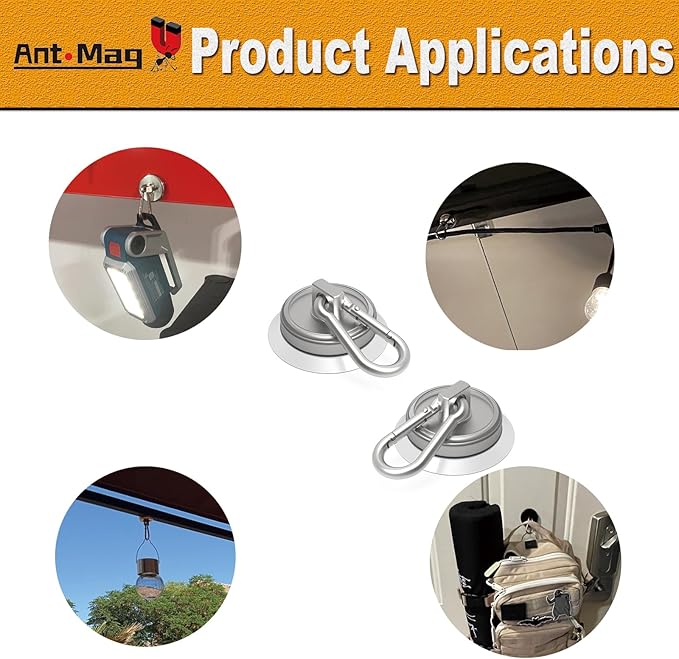 Ant Mag Magnet Hooks 160LBS with Suctions Heavy Duty Neodymium Magnet with Swivel Carabiner Snap Hook for Indoor/Outdoor Hanging Bag Kitchen Garage Cruise Ship (4 Pack)