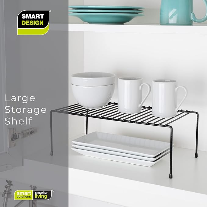 Smart Design Classic Storage Shelf – Large (8.5 x 16 in.), Black – Sturdy Steel Pantry Organizer with Rust-Resistant Finish and Non-Slip Feet for Easy Home Organization and Storage
