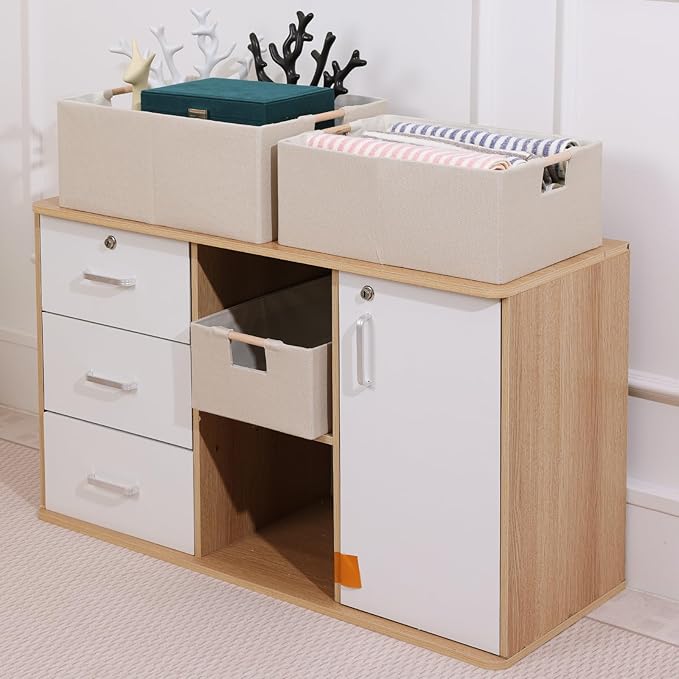 ANMINY 2PCS Storage Bins Set Foldable Cotton Linen Open Storage Baskets Box with Wood Handles Decorative Nursery Baby Kid Toy Clothes Towel Laundry Organizer Container Solid Color - Medium, Beige