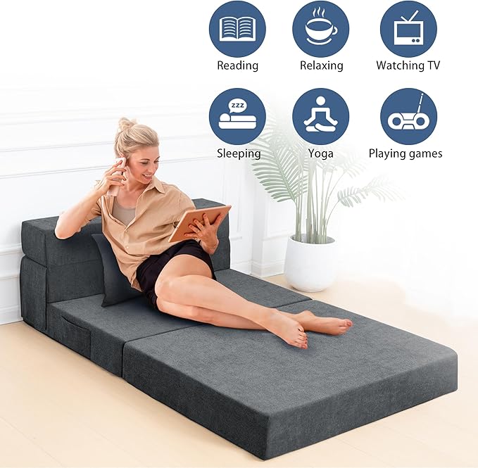 Folding Sofa Bed Chair with Pillow,Convertible Fold Out Chair Bed Sleeper,Foam Floor Mattress, Foldable Futon Couch Bed for Living Room/Dorm/Guest/Office (Grey, Twin XL)