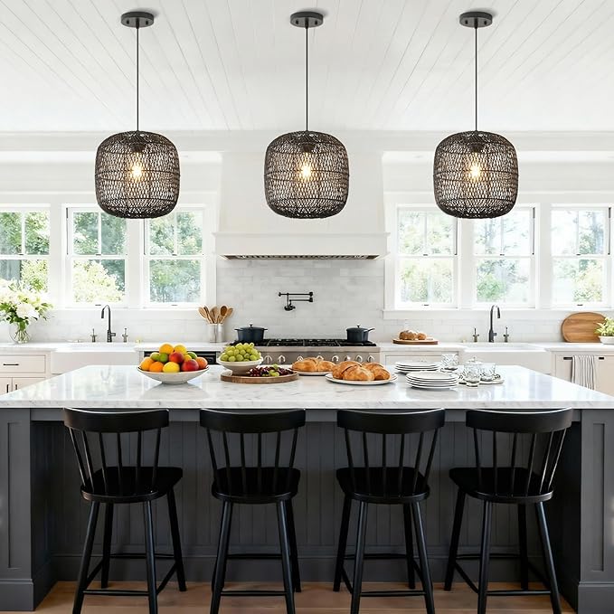 Black Rattan Pendant Light, 11in Rattan Chandelier Hand-Woven Wicker Hanging Lighting Fixtures Boho Pendants Lights for Kitchen Island Dining Room Bedroom Foyer Entrance