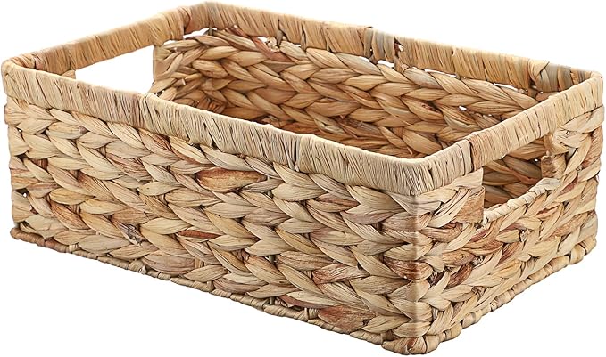 Hipiwe Water Hyacinth Wicker Storage Basket Opened Baskets Bin, Rectangular Shelf Basket Box for Organizing, Hand-Woven Closet Bedroom Organizer Bin Decorative Baskets with Handles, 13.8”x9.3"