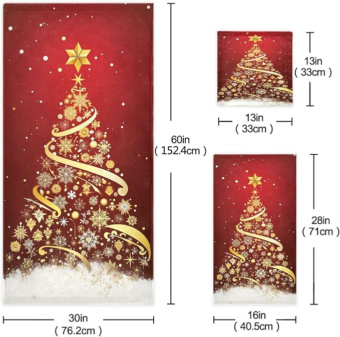 Golden Snowflakes Christmas Tree Forest Towels Set of 3 Winter Red Snowy Christmas Bathroom Towel Soft Absorbent Bath Hand Towels Washcloth Guest Towel Sets Xmas Holiday Decor