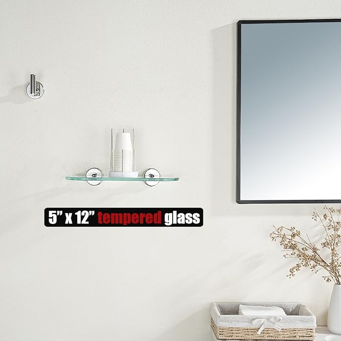 JQK Bathroom Glass Shelf, Floating Tempered Glass Shower Storage 12 by 5 inches, 304 Stainless Steel Polished Chrome Wall Mount 2 Pack, TGS121L12-CH-P2