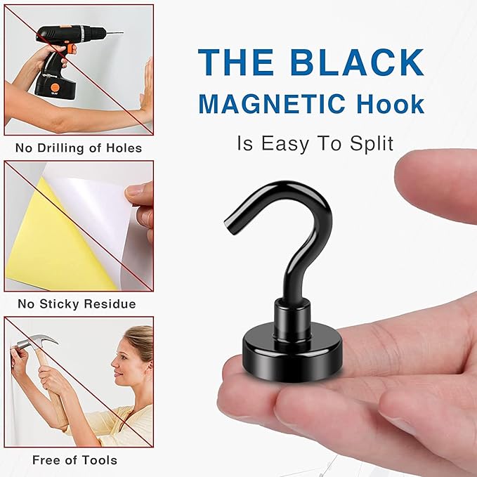 LOVIMAG Magnetic Hooks,30Lbs Strong Neodymium Magnetic Hooks Cruise Essentials,Black Magnet Hooks for Classroom Must Haves,Office Accessories,Garage Door,Fridge,Kitchen,Hanging,Grill-25 Pack