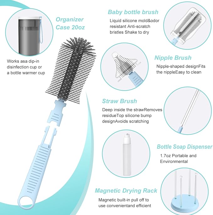 WHNLTravel Baby Bottle Brush Set with Bottle Cleaner Brush Set and Drying Rack,Gift for Newborn Mothers, Suitable for Travel and Home(Blue)