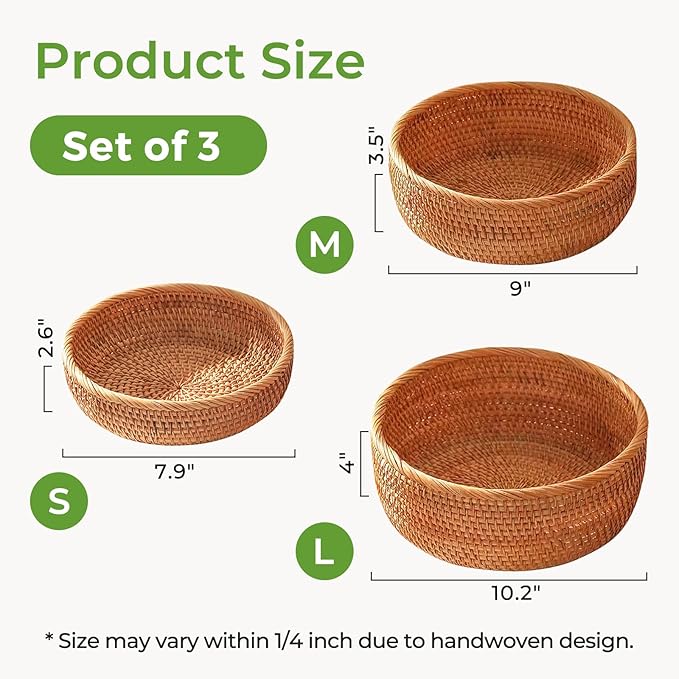 Rattan Bread Baskets for Serving - Woven Round Wicker 3 PK