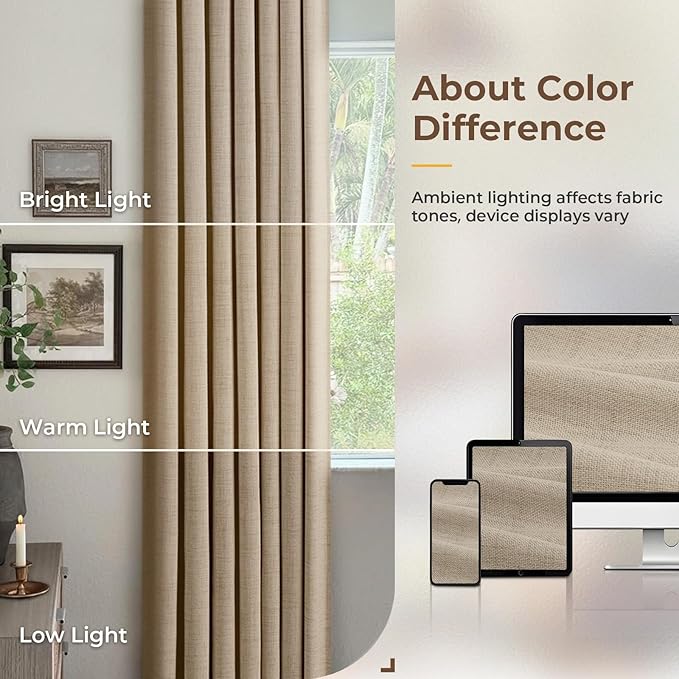 INOVADAY 100% Blackout Curtains for Bedroom, Black Out Curtains 96 Inch Long, Clip Rings Linen Blackout Drapes, Thermal Insulated Room Darkening for Living Room, 2 Panels - Burlywood Birch,W50xL96