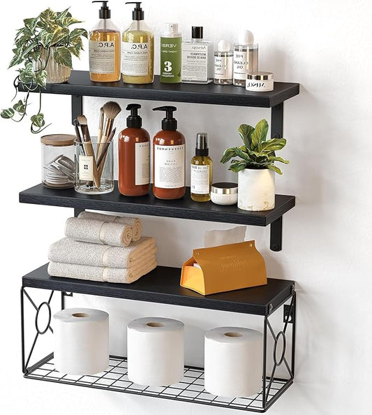 Amada Bathroom Shelves Over Toilet with Storage Basket, Floating Wall Shelf for Home Organization & Wall Decor, Bathroom/Kitchen/Living Room Shelves–Black