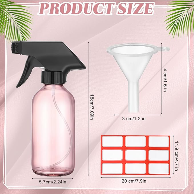 Norme 24 Pcs Glass Spray Bottles with Funnels and Labels 8 oz Refillable Cosmetic Empty Spray Containers with Trigger Squirt Containers for Essential Oil Cleaning Solutions (Pink)