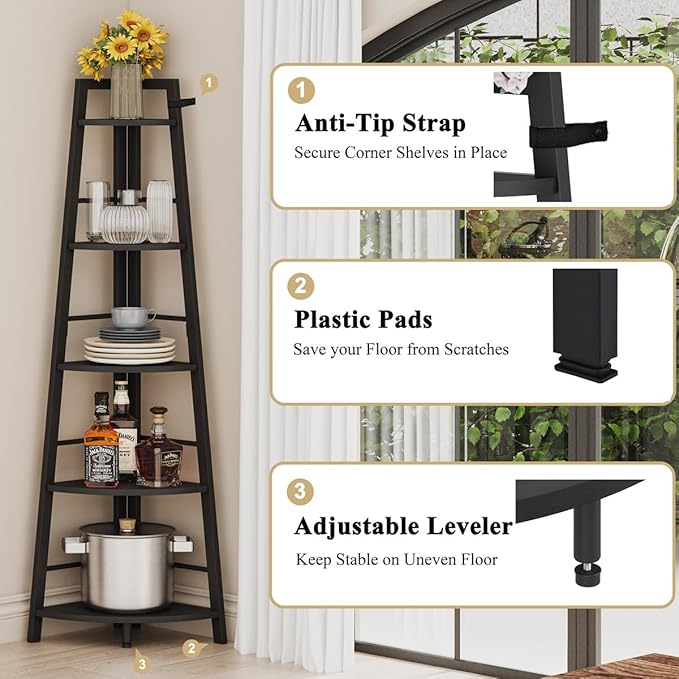 BON AUGURE Corner Ladder Shelf, 5-Tier Black Metal Wood Corner Bookshelf, Narrow Tall Bookcase Shelving Unit for Living Room, Home Office, Small Space (Black Oak)