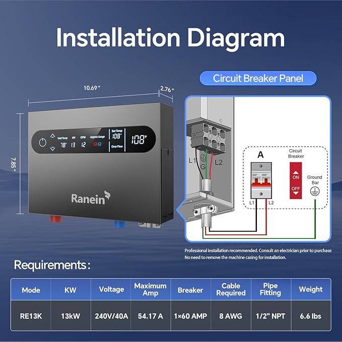 Ranein 13kW Tankless Electric Water Heater, 240V on Demand Instant Endless Water Heater with LED Temperature Display, Up to 3.1 GPM for 1-2 Point of Use