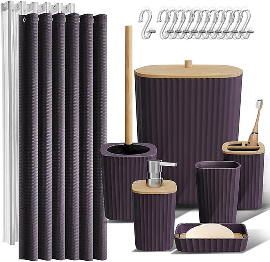 Clara Clark Bathroom Accessories Set - Bathroom Set, Bathroom Accessory Set, Shower Curtain Set, Toilet Brush, Trash Can & Soap Dispenser - Purple - 20PC