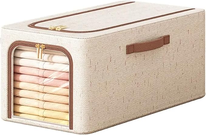 RZJZGZ 49L Clothes Storage Bins with Metal Frame, Foldable Linen Storage Boxes with Lids, Linen Fabric Storage Box with Lid Clear Window（Beige） (Large size)