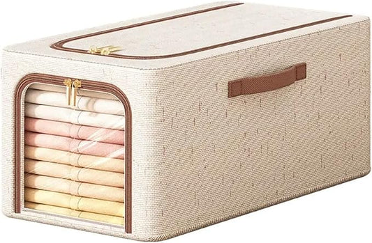 RZJZGZ 49L Clothes Storage Bins with Metal Frame, Foldable Linen Storage Boxes with Lids, Linen Fabric Storage Box with Lid Clear Window（Beige） (Large size)