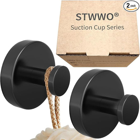 Suction Cup Hooks for Shower, Bathroom, Hanging Towels, Robe, Loofah, Mounting on Glass Shower Doors, Tile, Mirrors, Black, Rubber Suction Cup, 2 Pack