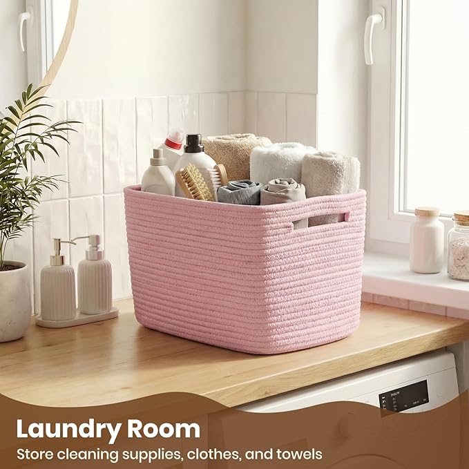 Storage Baskets for Organizing, 14 x 10 x 9” Closet Shelf Woven Baskets, Square Bins with Handles, Cotton Rope Basket for Toys, Clothes, Office, Room, Pink 1 Pack