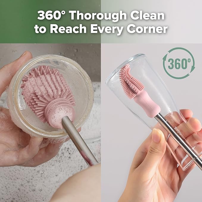 Silicone Cleaning Brush Kit - Baby Bottle Brush Cleaner for Breast Pump,Nipple,Breast Milk Storage Bag,Reusable Straw,Sippy Cup - Food Grade Silicone Bristles, Portable - 3 Pcs - Pink