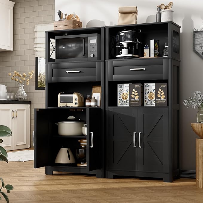 55" Tall Kitchen Pantry Cabient with 2 Microwave Stands, Farmhouse Pantry Storage Cabinet with Barn Doors and Large Drawer, Rustic Freestanding Cupboard for Kitchen and Dining Room (Black)