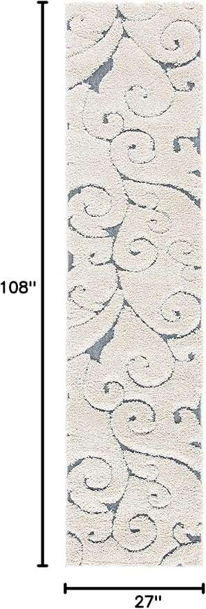 SAFAVIEH Florida Shag Collection Runner Rug - 2'3" x 9', Beige & Blue Grey, Scroll Design, Non-Shedding & Easy to Clean, High-Low Plush Pile, Ideal for Bedroom, Foyer, Hallway (SG455-1155)