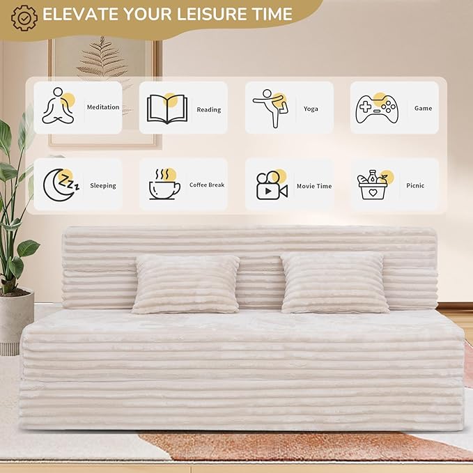 Folding Sofa Bed Queen Size, Convertible Sleeper Chair Loveseat with Pillow, Futon Chair Sofa Bed, Fold Out Floor Couch, Foldable Mattress for Living Room, Bedroom, Guest Room, Dorm, Beige