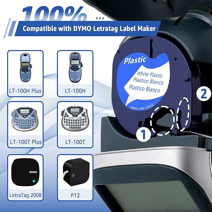 5 Pack Plastic Letra Tag Label Tape Black on White/Yellow/Red/Green/Blue Compatible for Dymo Label Maker Refills 12mm x 4m for Dymo Letra tag Refills LT100H LT100T 200B QX50