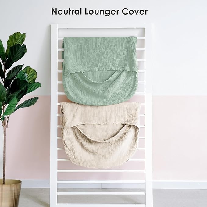 Muslin Baby Cover for Newborn, Soft and Breathable 100% Cotton Lounger Slipcover Neutral, Pack of 2(Green, Ivory)