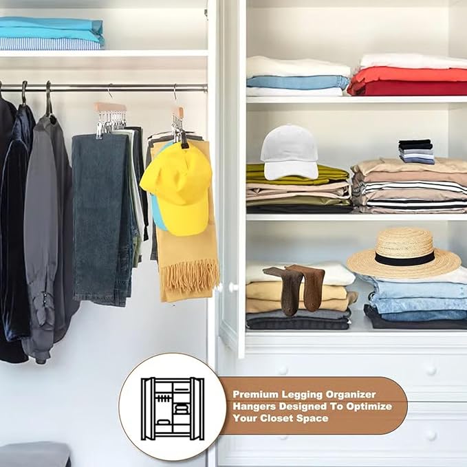 Closet Organizer with 10 Clips - Space Saving Hanging Closet Organizer, 2026 Upgraded Legging Hangers for Closet, 360° Rotating Metal Clips with Silicone Lining for Clothes (Vintage, 2PCS)