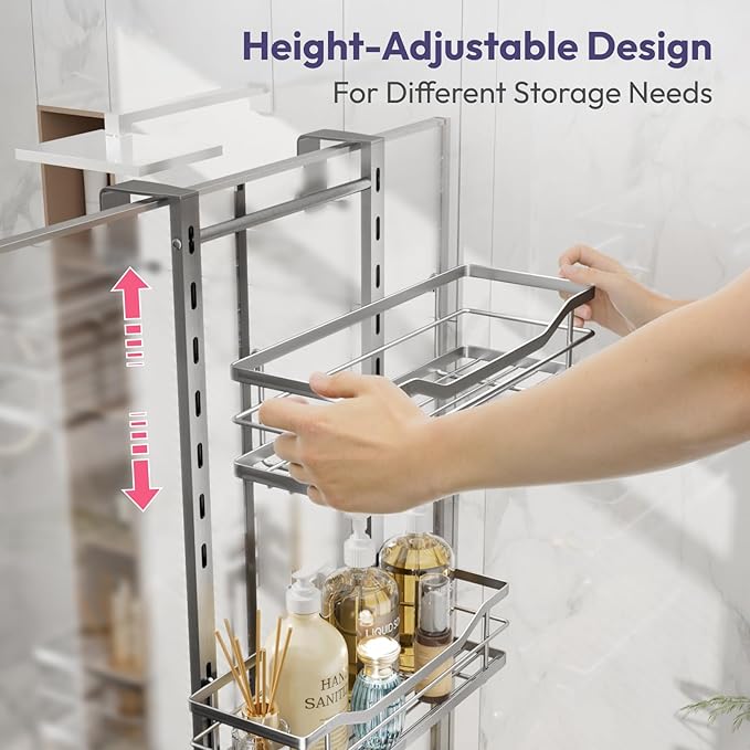SWTYMIKI Over the Door Shower Caddy - 3 Tier Adjustable Shower Organizer Hanging with Soap Holder, No Drilling Stainless Steel Bathroom Rack Hanging for Body Wash, Shampoo, Soap, Razor, Silver