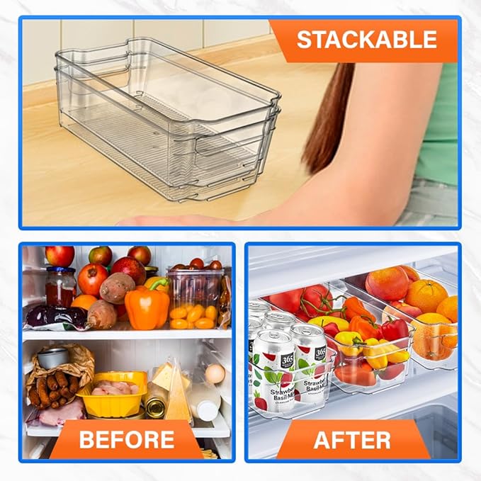 4-Piece Stackable Refrigerator Bin Organizer Set with Easy Grip Handles - Clear Multi-Purpose Storage Bins for Fridge and Pantry Use