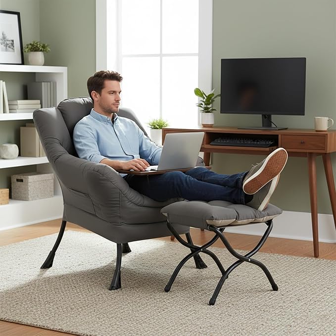 Welnow Lazy Chair with Ottoman, Modern Lounge Accent Chair with Armrests and a Side Pocket, Leisure Sofa Armchair, Reading Armchair with Footrest for Small Space, Dark Grey