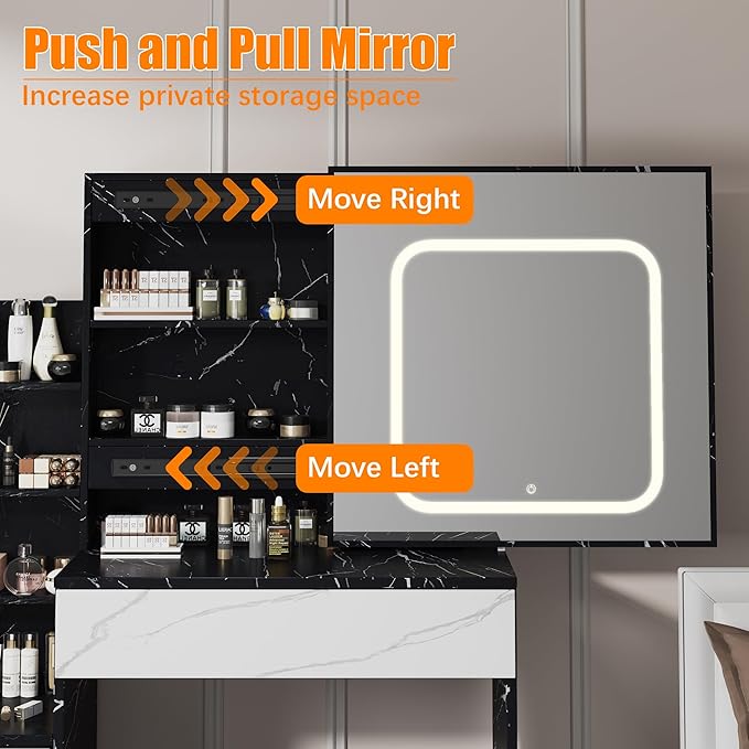 Vanity Desk with Sliding LED Mirror, Makeup Dressing Table with 4 Drawers, Storage Shelves, Power Outlet & Cushioned Stool, Adjustable 3 Lighting Modes, Vanity Set for Bedroom, Marble-Black & White
