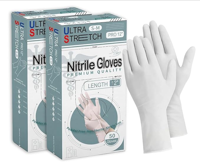 12 Inch 7.5Mil Ultra Stretch Professional White Disposable Nitrile Gloves, Cleaning, Food Safe, Kitchen, Tough & Strong