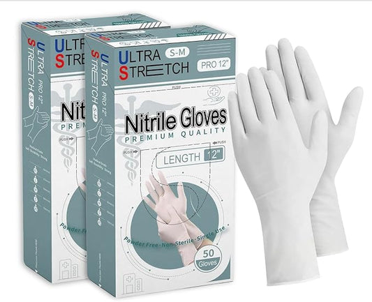 12 Inch 7.5Mil Ultra Stretch Professional White Disposable Nitrile Gloves, Cleaning, Food Safe, Kitchen, Tough & Strong