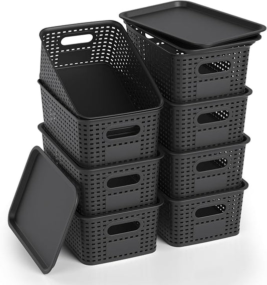 Plastic Storage Basket with Lid, Stackable Small Box Bins for Organizing and Containers for Shelves Drawers Desktop Closet Playroom Pantry Classroom Office Home, 8 Pack 10.2x7.2x4.1 Inch, Black