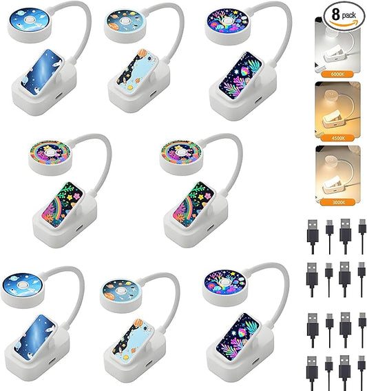 8 Pack Rechargeable Small Book Lights Bulk for Reading at Night,3 Color,Adjustable Brightness,Clip on to Book Lights for Reading in Bed ，Great Gifts for Kids，Book Lovers，Readers