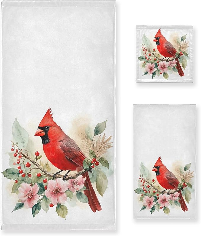 Christmas Winter Towels Set of 3 Red Cardinal Bird on Beautiful Flowers Bathroom Towel Soft Absorbent Bath Hand Towels Washcloth Guest Towel Sets Xmas Holiday Decor