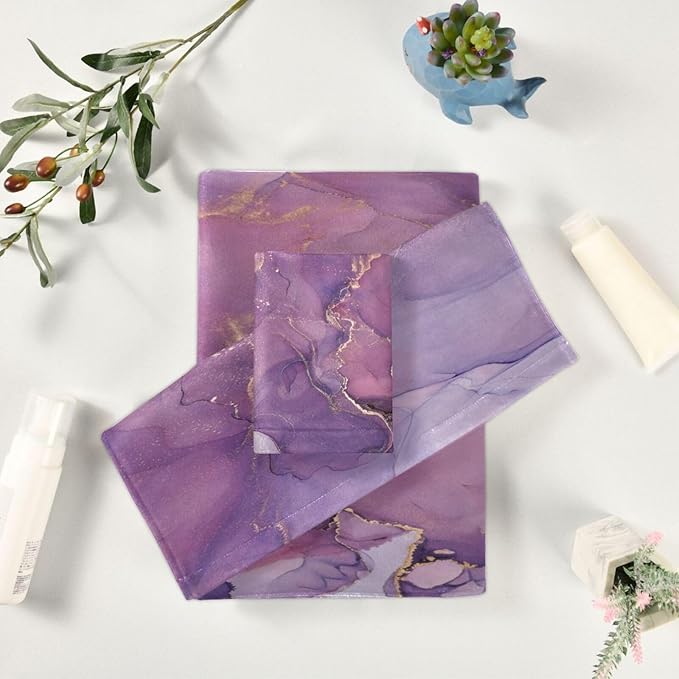3 Piece Marble Bath Towels Set,Microfiber Absorbent Purple Gold Ombre Marble Texture Elegant Towels for Bathroom,1 Bath Towel,1 Hand Towel,1 Washcloth,Abstract Decorative Bathroom Towels