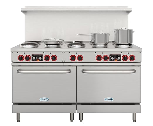 KoolMore KM-CR60-E 60 in. Commercial Range with 10 Burners and 2 Standard Electric Ovens in Stainless Steel-208V 3-Phase, CSA Listed, Solid Black