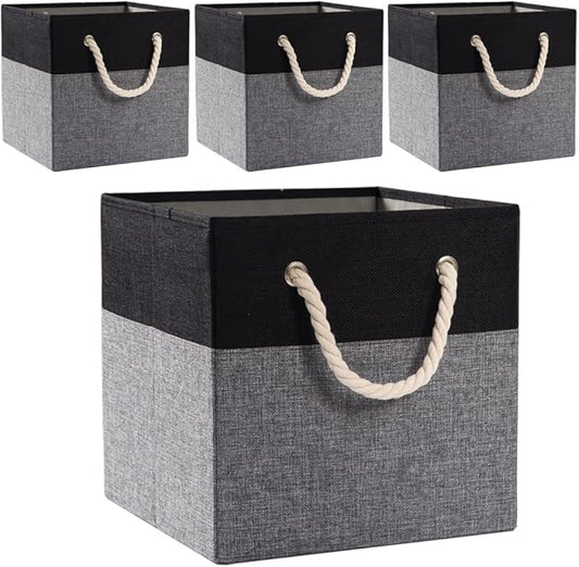 Large Foldable Cube Storage Bins 11x11 inch [4-Pack] Fabric Linen Storage Baskets Cubes Drawer with Cotton Handles Organizer for Shelves Nursery Closet Bedroom Black