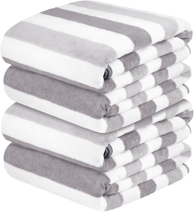 Bath Towels, Pack of 4, 30"x60", Large Microfiber Towel Set, Ultra Soft, Super Absorbent, Fast Drying, Perfect for Suana, Shower, Pool, Sport, Travel, Fitness, SPA,Yoga, Cabana Stripe Grey